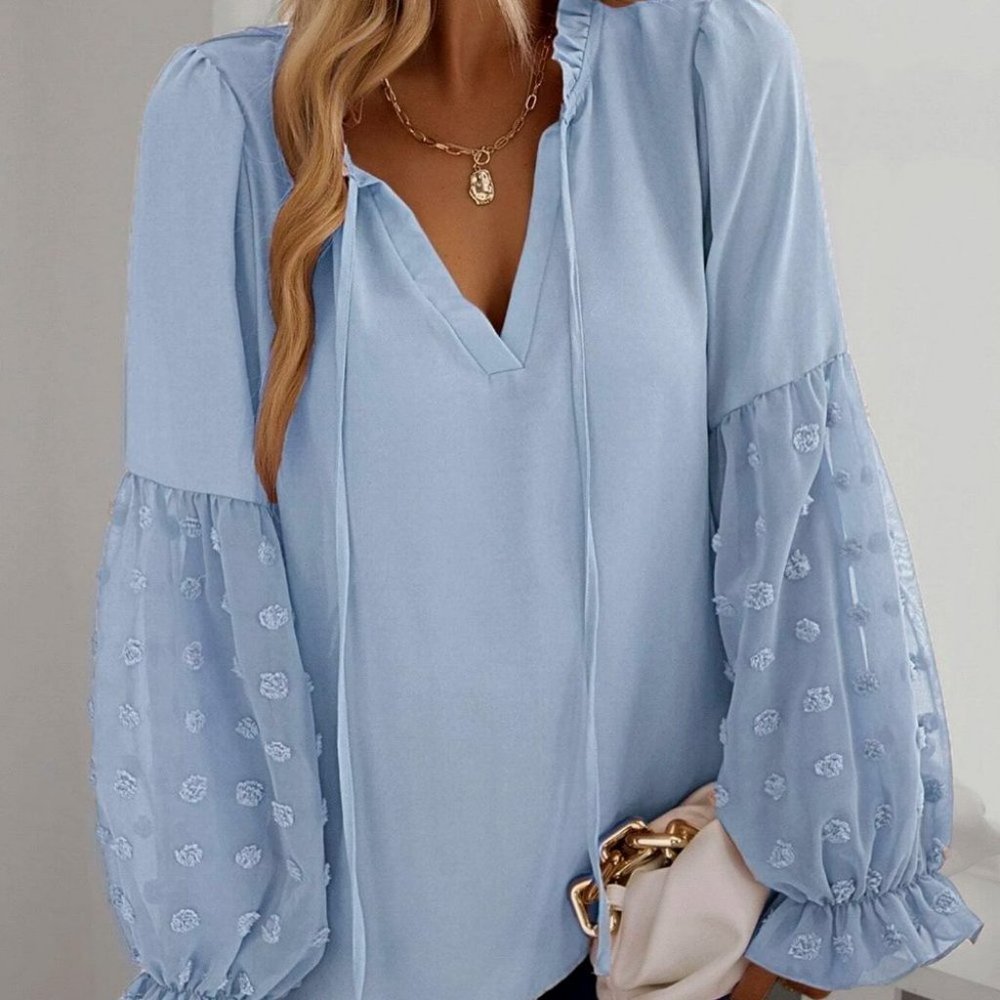 Baby Blue Casual Womens Swiss Dot Frill Trim Blouse - Picture 4 of 5